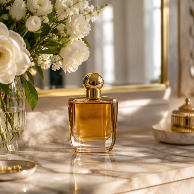 قنينة عطر فوق الرخام